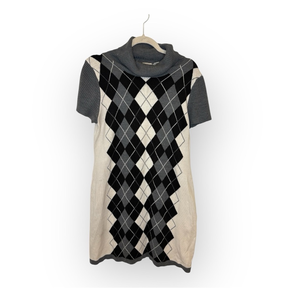 Cato Argyle Sweater Dress Gray Black White Knit Turtleneck Preppy Y2K Large